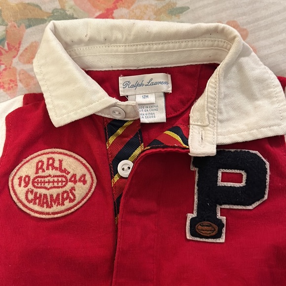 RED Ralph Lauren Football Romper w/feet out. Rugby style. 12M. 1944 Champs - Picture 3 of 6